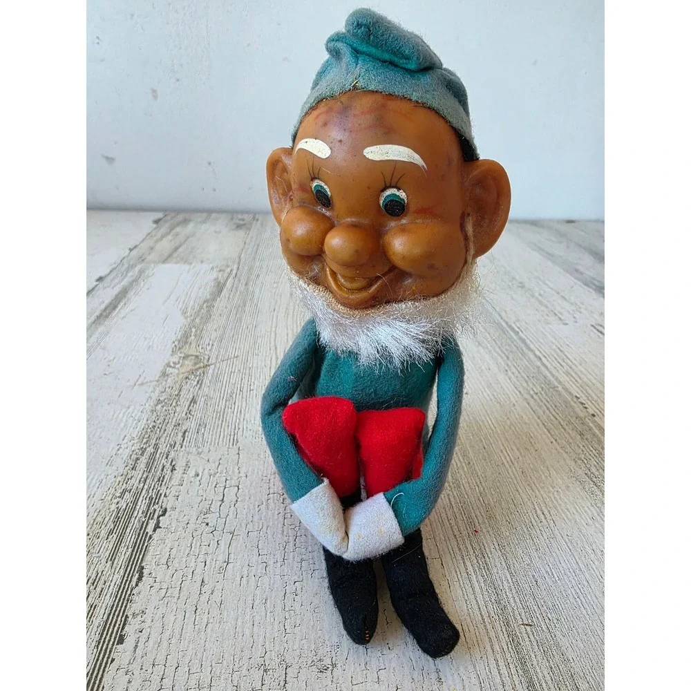 Antique vintage knee hugger felt elf plush decor Xmas figurine plush rubber face